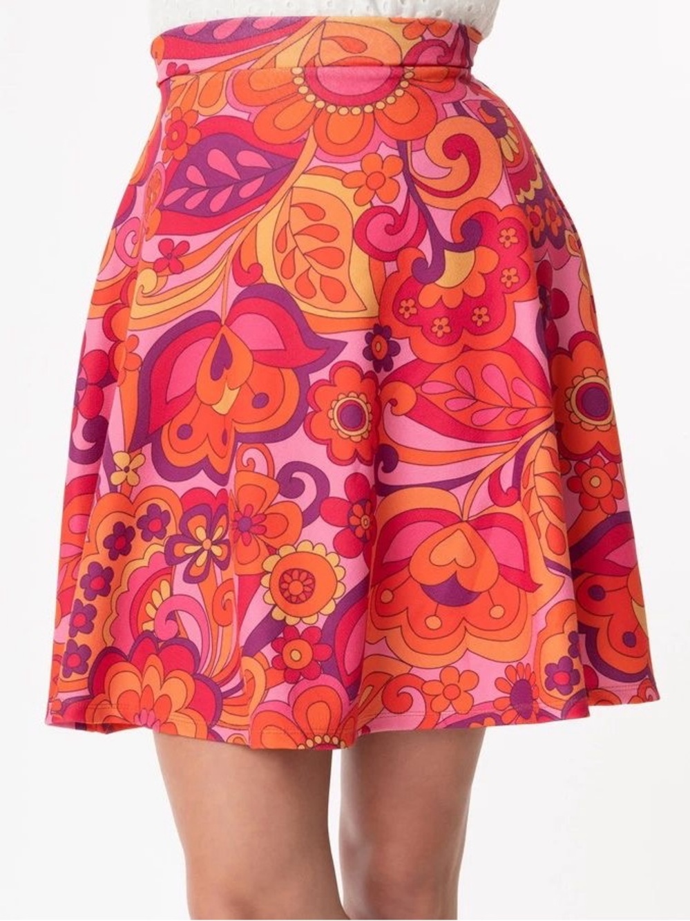 Unique Vintage Pink and Orange Retro Floral Skater Skirt